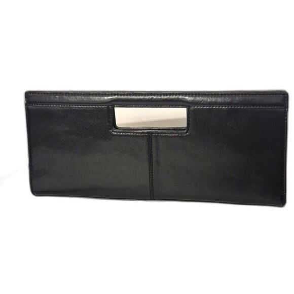 Alfani Leather Clutch Bag Black Rectangular Cut Out Handle Polished Minimalist - Picture 1 of 10
